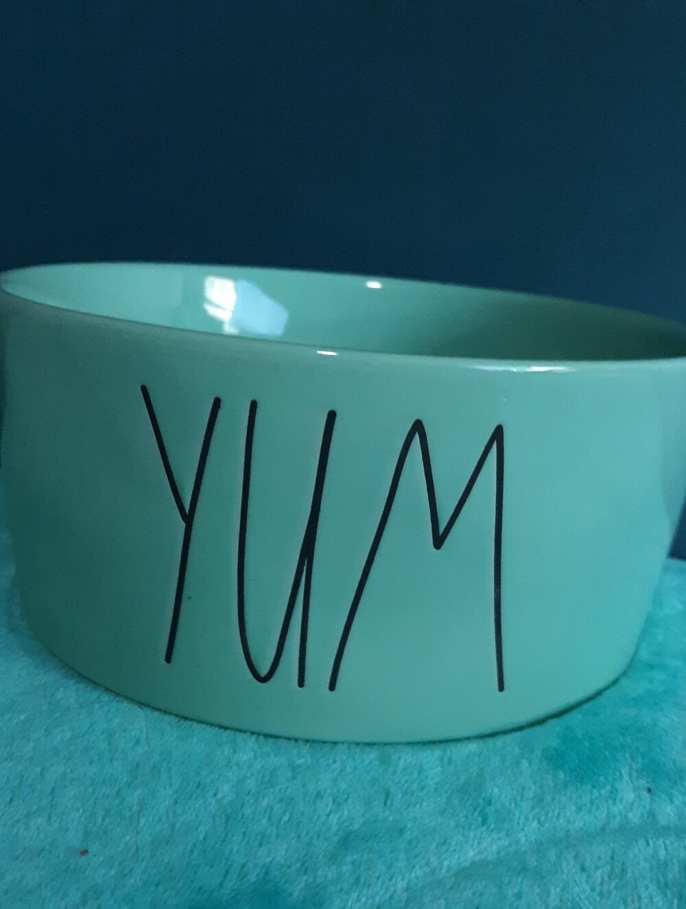 Rae Dunn Tiffany Blue Dog Bowl Yum Ceramic New Large Magenta Aqua 8" x 4" Medium